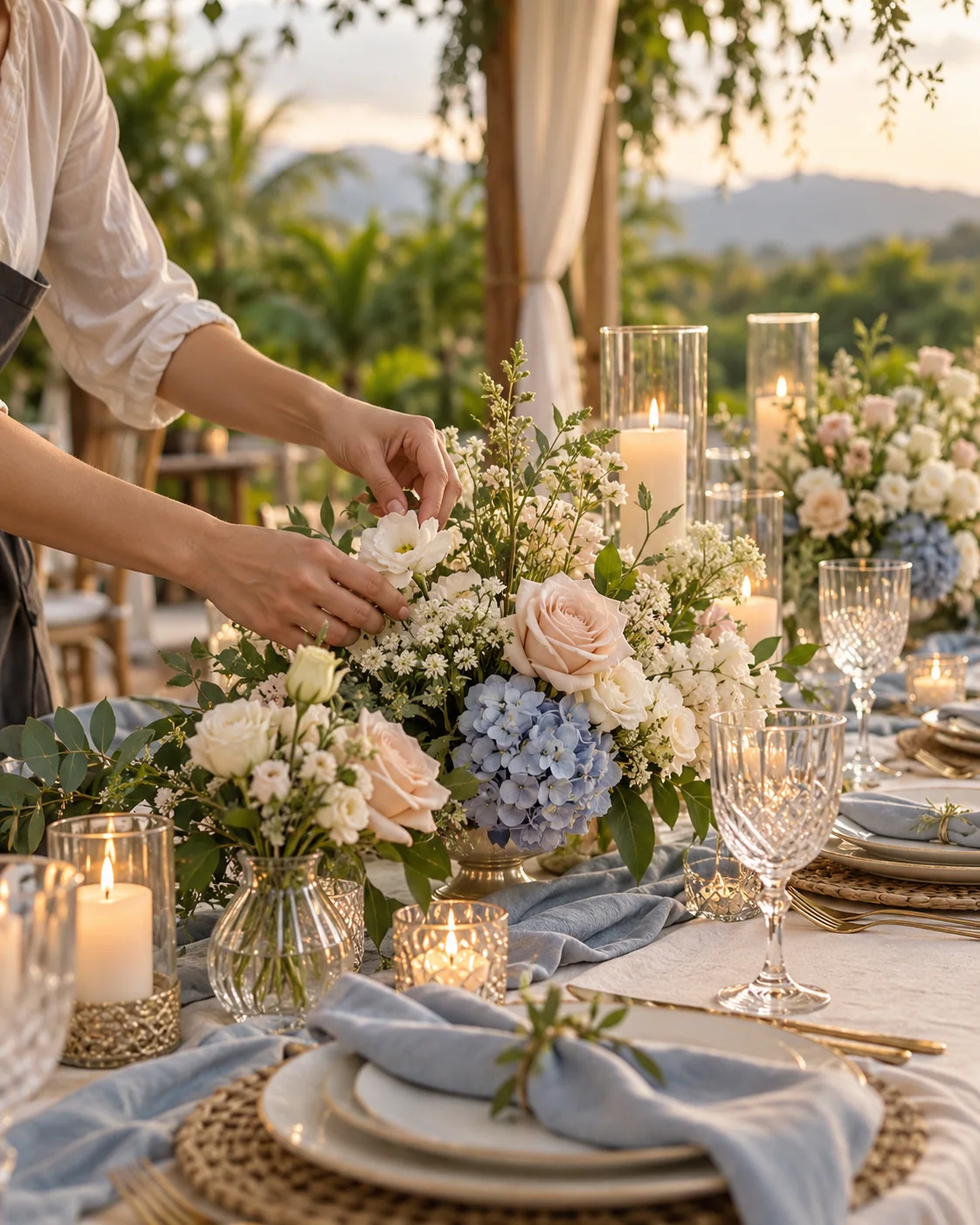 Detalle del montaje floral de una mesa